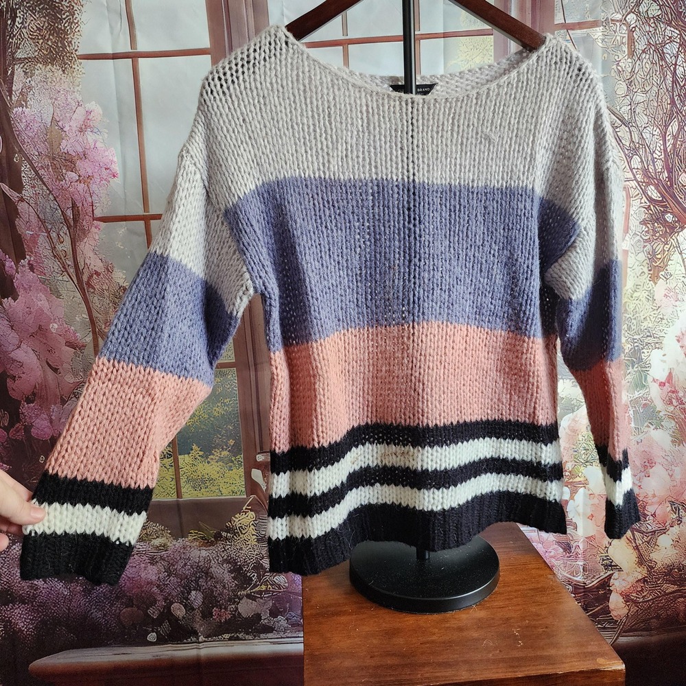 XS | Y2K Lucky Brand Striped Wool Blend Sweater: Gray, Pink, Black, White